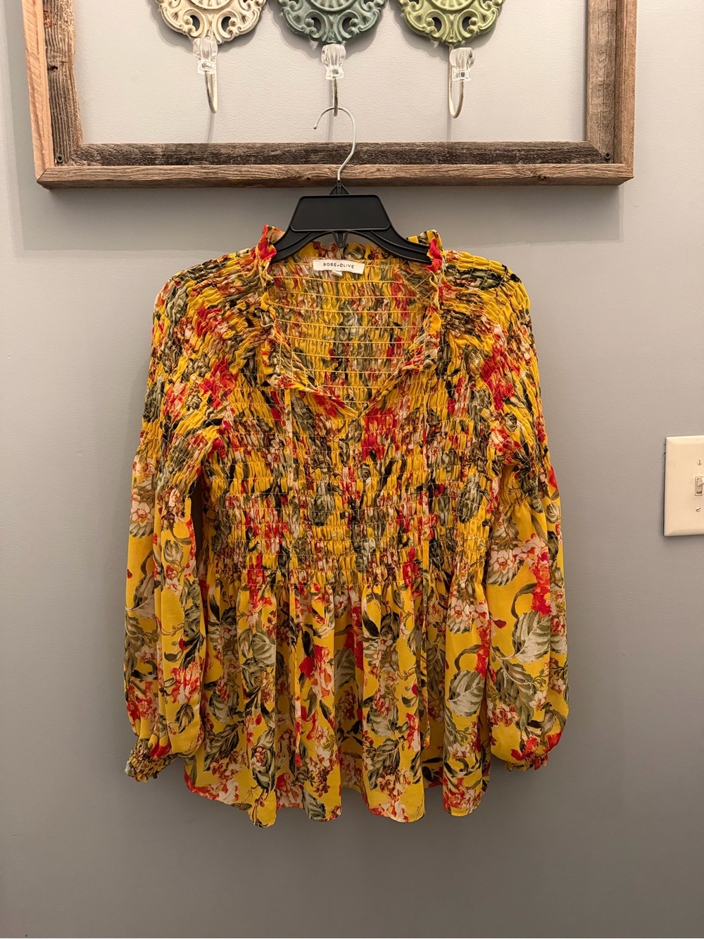 Rose & Olive Yellow Floral Smocked Peasant Blouse